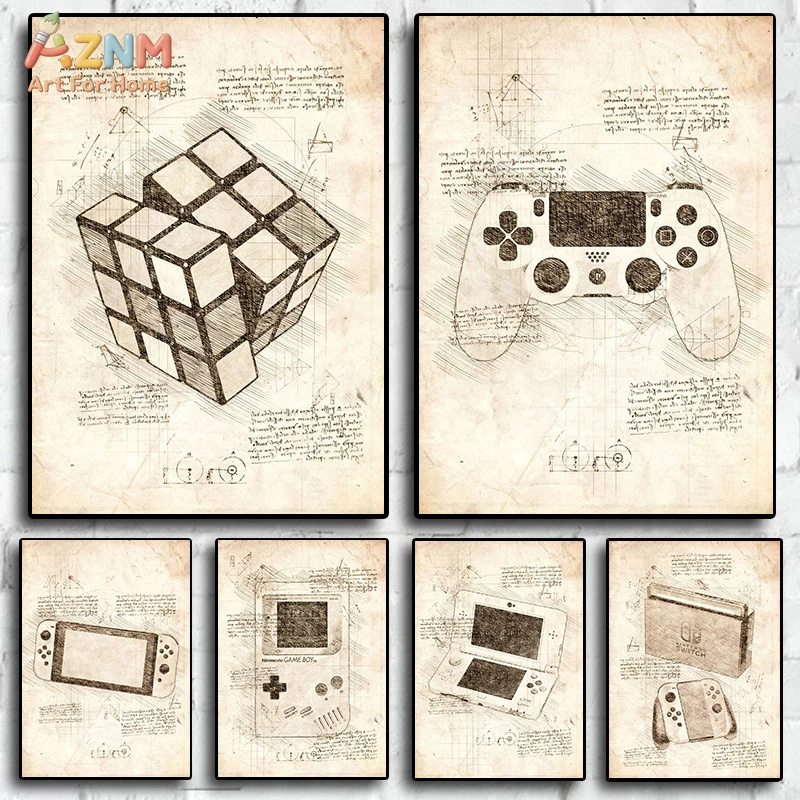 Gaming Console Cube - AZNM Vintage Blueprint Oyun Kanvas Duvar